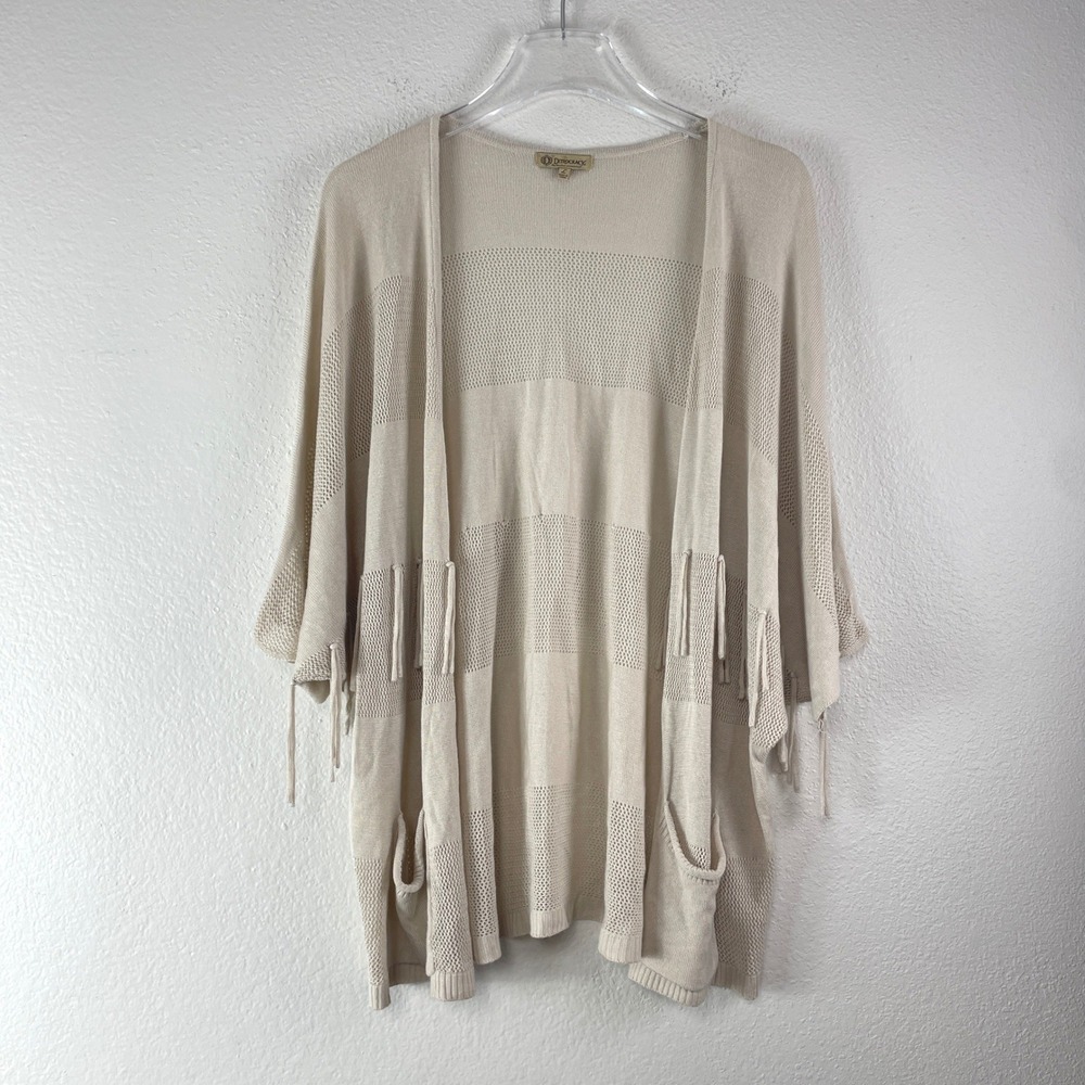 Democracy Open Front Fringe Cardigan Sweater Size L Beige Boho Coastal Western